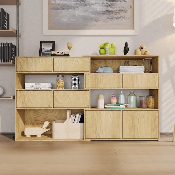 FUFU&GAGA 35.1 in. Tall Light Oak Wood 12-Shelf Modular Accent Bookcase with Convertible Corner-to-Straight Design
