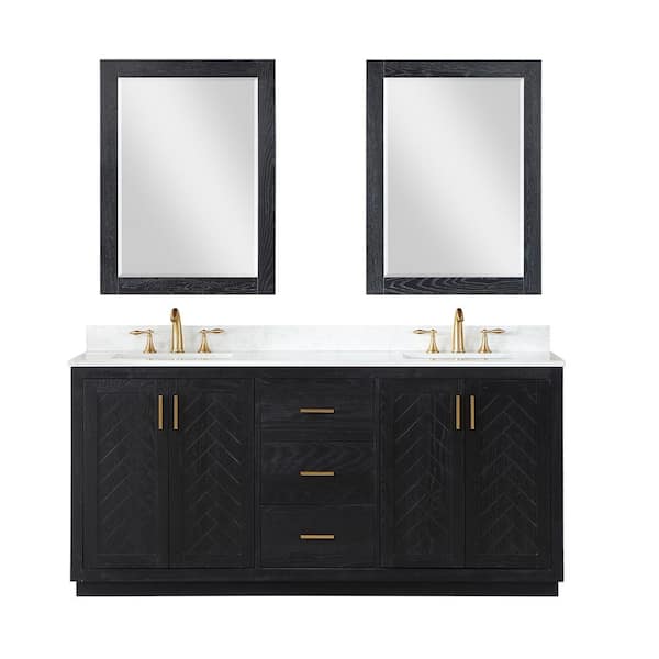 Gazsi 72 in.W x 22 in.D x 34 in. H Double Sink Bath Vanity in Black Oak with White Composite Stone Top and Mirror
