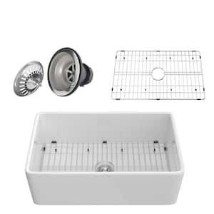 White Natural Glass 36 in. Single Bowl Farmhouse Apron Front Kitchen Sink with Bottom Grid and Sink Drain