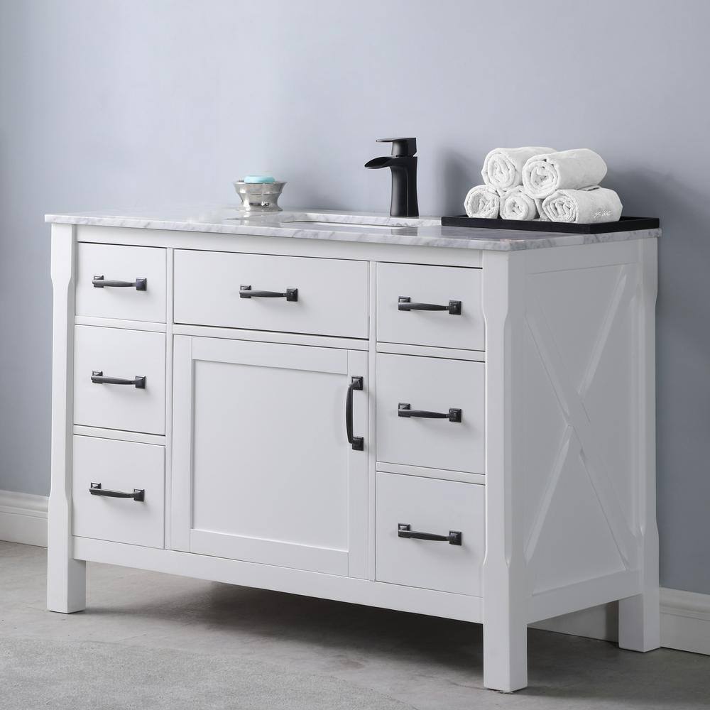 Maribella 48" White Marble Single Vanity with Black Hardware