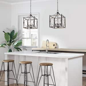 Modern Farmhouse Brushed Silver 4-Light Candlestick Chandelier with Faux Wood Cage Shade Brown Island Pendant Lantern