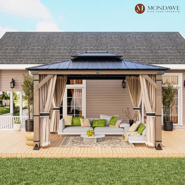 Beverly Hills 10 ft. x 12 ft. Cedar Wood Frame Outdoor Galvanized Steel Double Hardtop Gazebo with Netting and Curtains