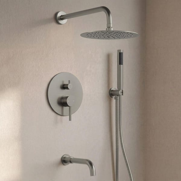 10 in. 3-Spray Wall Mount Round High Pressure Dual Fixed and Handheld Shower Head in Brushed Nickel Valve Included