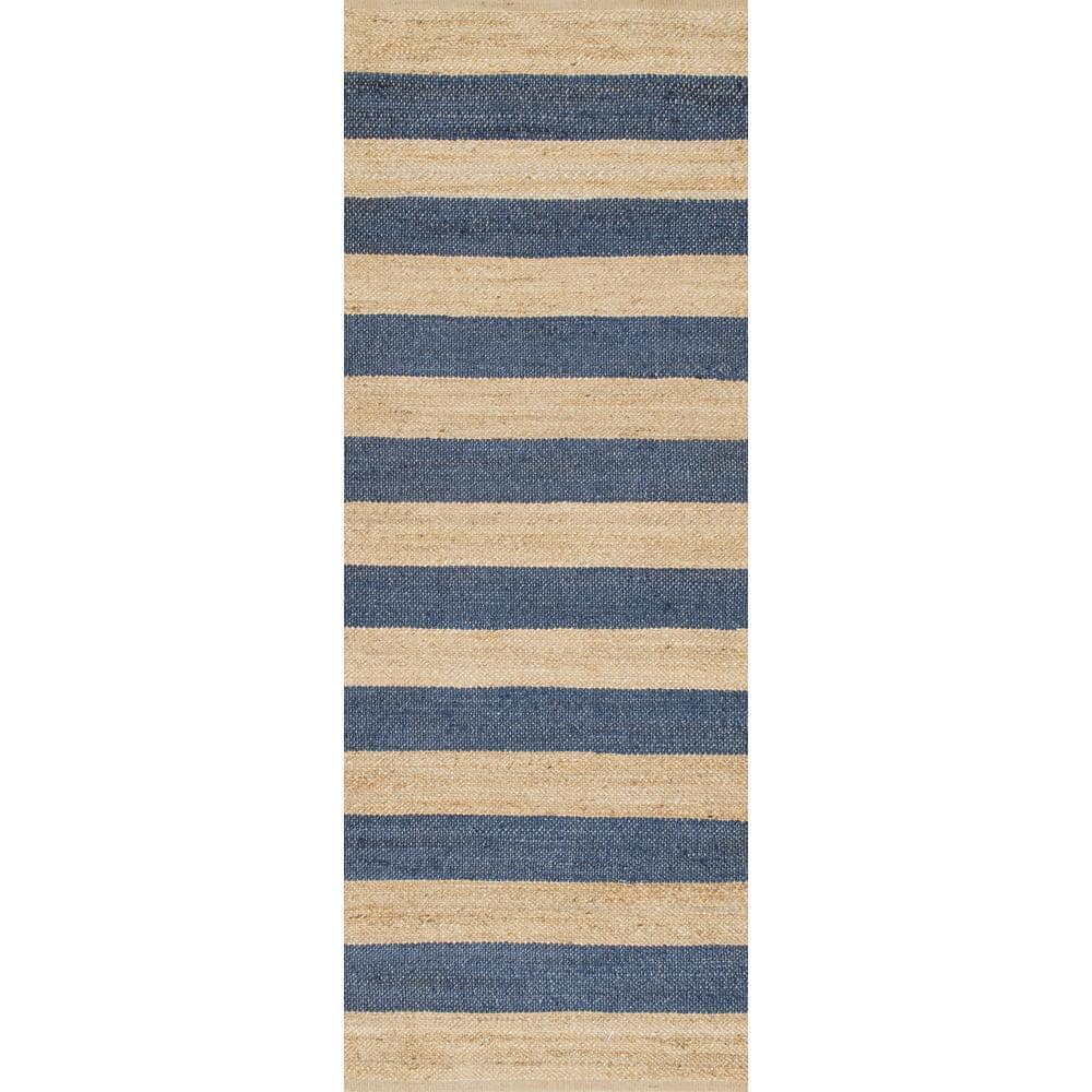 Alisia Denim and Beige Flatweave Jute Runner Rug, 2' 6" x 6'