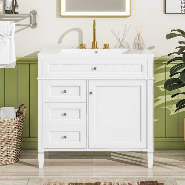 FAMYYT 36 in. W x 18 in. D x 33 in. H Single Sink Freestanding Bath Vanity in White with White Resin Top and Adjustable Shelf