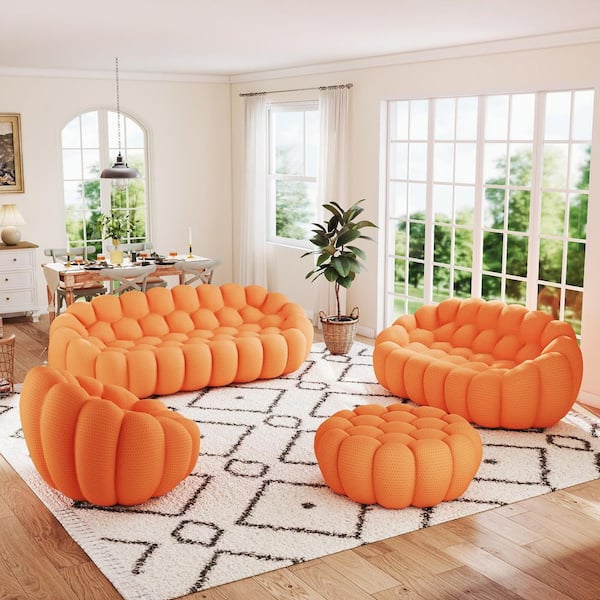 (4-Piece) Bubble Sofa, 98 in. Orange Mesh Fabric Armless Sectional Sofa 3 Seats Floor Couch with Chair Loveseat Ottoman