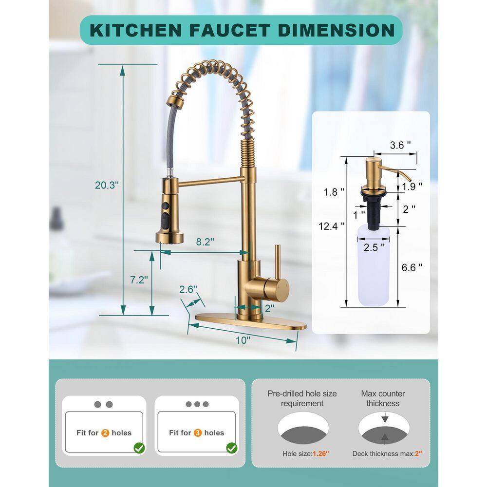 Brushed Gold Stainless Steel Pull Down Kitchen Faucet with Soap Dispenser