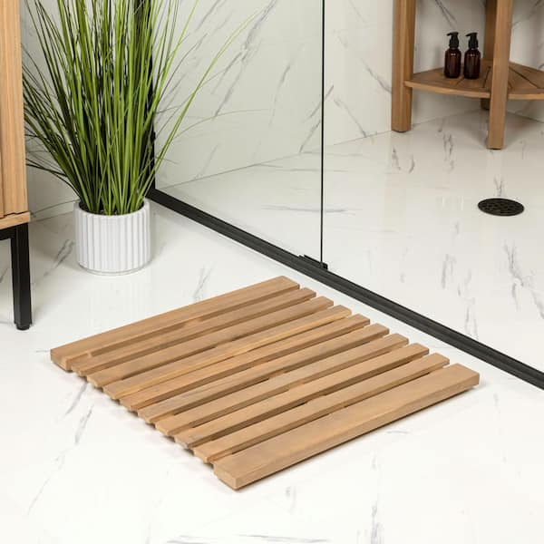 Paige 21 in. W x 21 in. L Brown Modern Classic Acacia Wood Slat Light Teak Square Indoor/Outdoor Shower Mat