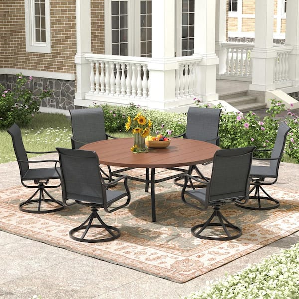 7-Piece Metal 53 in. Round Outdoor Dining Set 360° Textilene Fabricswivel Chairs and 1.57 in. 1.90 in. Umbrella Hole