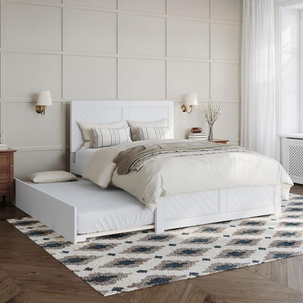 Canyon White Solid Wood Full Platform Bed with Matching Footboard and Twin Trundle