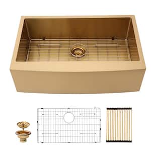 30 in. Farmhouse/Apron-Front Single Bowl 16 Gauge Gold Stainless Steel Farm Kitchen Sink with Bottom Grid