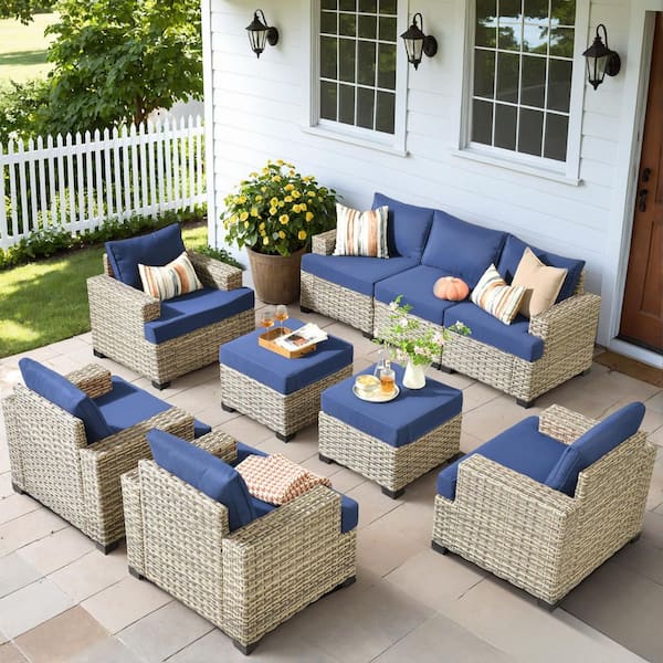 Tiberte Gray 9-Piece Wicker Patio Conversation Seating Set with Navy Blue Cushions