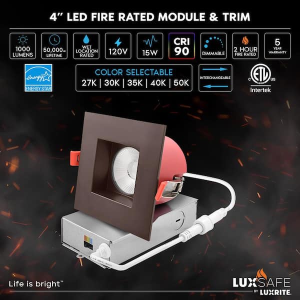 4 in. Square Integrated LED Recessed Light J-Box 5CCT 2 Hour Fire Rated 15W 1000 Lumens 38° Dimmable Wet Bronze 12PK