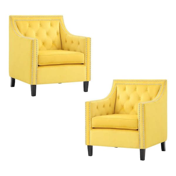 EVERGLADE HOME Ceylon Yellow Velvet Tufted Back Accent Chair (Set of 2)