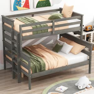 Detachable Style Gray Twin over Full Wood Bunk Bed with Built-in Ladder, Full-Length Bedrails