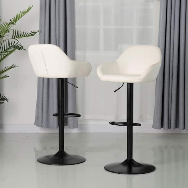 Glitzhome 42.72 in. H White Mid-Century Modern Leatherette Gaslift Metal Frame Adjustable Swivel Low Back Bar Stool (Set of 2)