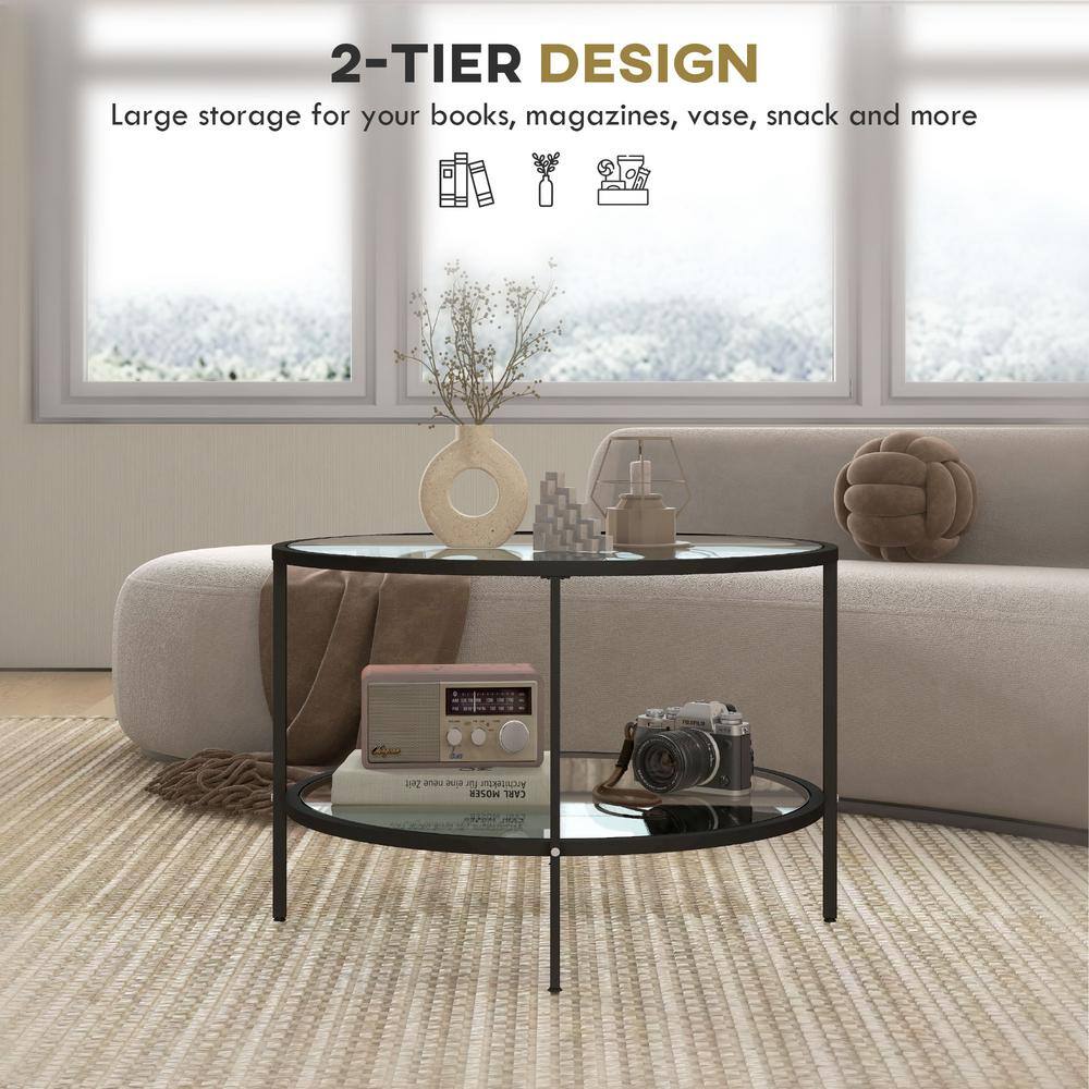 Black Round Metal Side Table with Tempered Glass Shelves