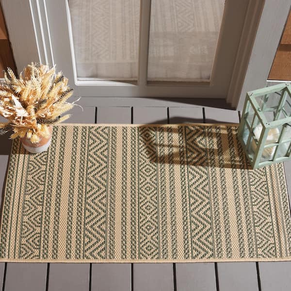 Courtyard Beige/Dark Green 2 ft. x 4 ft. Tribal Striped Indoor/Outdoor Area Rug