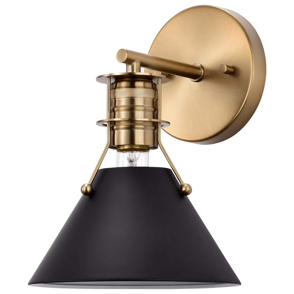 SATCO Outpost 7 in. 1-Light Matte Black/Burnished Brass Wall Sconce with Matte Black Metal Shade 60/7519
