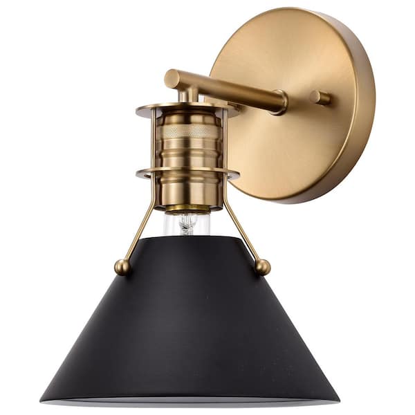 Outpost 7 in. 1-Light Matte Black/Burnished Brass Wall Sconce with Matte Black Metal Shade