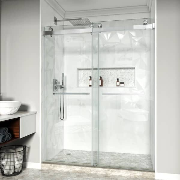 56-61 in. W x 72 in. H Double Sliding Frameless Shower Door in Brushed Nickel with 3/8 in. Clear Tempered Glass