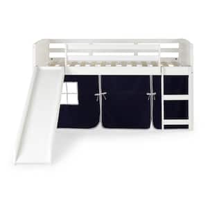 White Twin Louver Low Loft Bed with Slide and Blue Tent