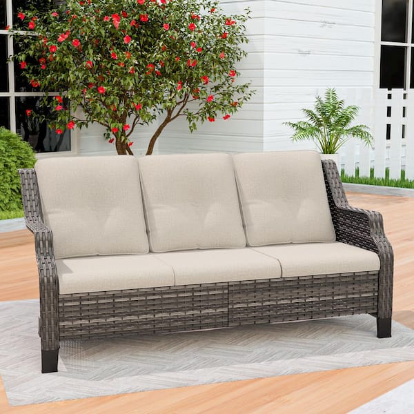3-Seat Wicker Outdoor Patio Sofa Sectional Couch with BeigeCushions