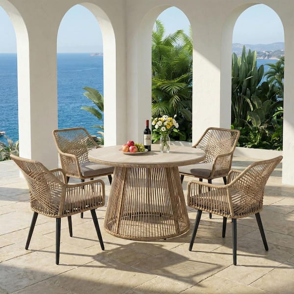 5-Piece Wicker Outdoor Dining Set, with Glass-top Round Table, Metal Patio Dining Chair & Beige Cushion