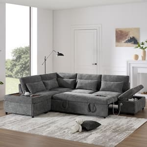 Grey 107 in. L-Shaped Modular Chenille Queen Size Sectional Sofa Bed with Pul-out Sofa Movable Storage Ottoman