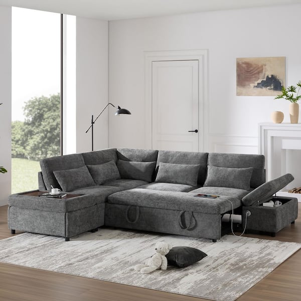 Grey 107 in. L-Shaped Modular Chenille Sectional Sofa Bed with Pul-out Sofa, Movable Storage Ottoman