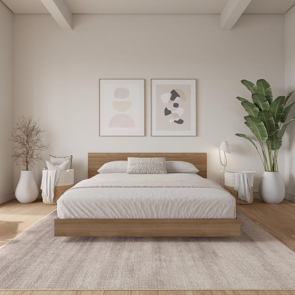 Satori Brown Oak Frame Queen Size Low Profile Platform Bed with Headboard