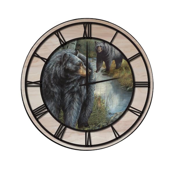 Unbranded "Birchwood Bears" Woodgrain Accent and Black Numbers Imaged Wall Clock