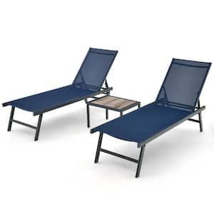 Patio Chaise Lounge Set Aluminum Black Frame Recliner Chair Table Outdoor Adjust Navy (3-Pieces)