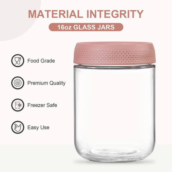 Numhew 6-pack 16 oz. Glass Jars with Pink Airtight Lids, Wide