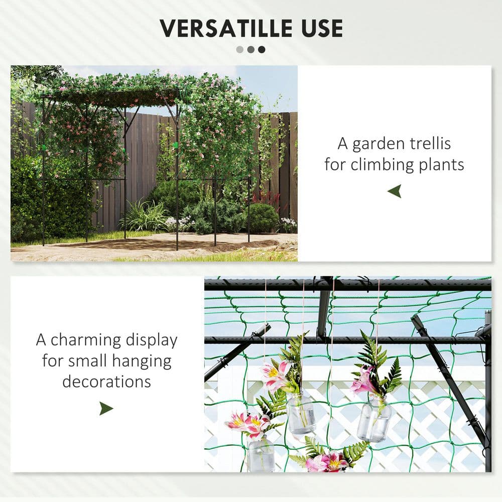 Black Metal Garden Arch Trellis with Green Climbing Net, 7.3 FT Tall