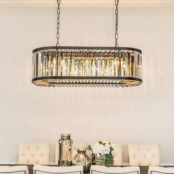 ALOA DECOR 31.5 in.8-Lights Modern Glam Matte Black Linear Pendant Chandelier with Clear Crystal Shade for Dining Room