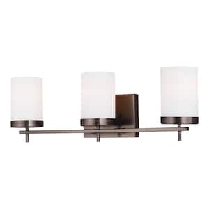 Zire 24 in. W 3-Light Brushed Oil Rubbed Bronze Bathroom Vanity Light with Etched White Glass Shades