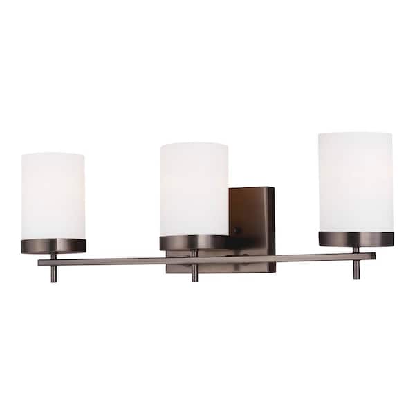 Generation Lighting Zire 24 in. W 3-Light Brushed Oil Rubbed Bronze Vanity Light with Etched White Glass Shades with LED Bulbs
