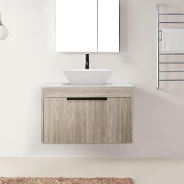 FUNKOL 30 in. W Float Bathroom Vanity with Basin Set and 2 Parcels in Brown(Khaki), Wall Mounted with Soft Close Door