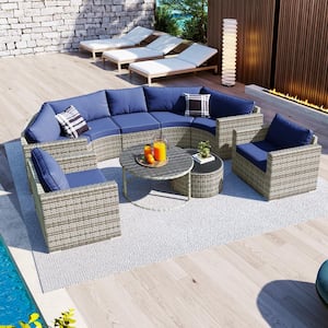 9-Pieces Gray Modern Semicircle Wicker Patio Conversation Set with Dark Blue Cushions