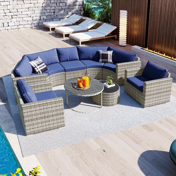 Polibi 9-Pieces Gray Modern Semicircle Wicker Patio Conversation Set with Dark Blue Cushions