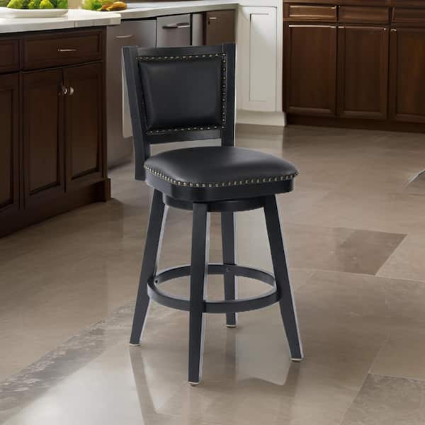 Benjara 29.75 in. Black and Brass Low Back Wood Frame Bar Stool with Faux Leather Seat