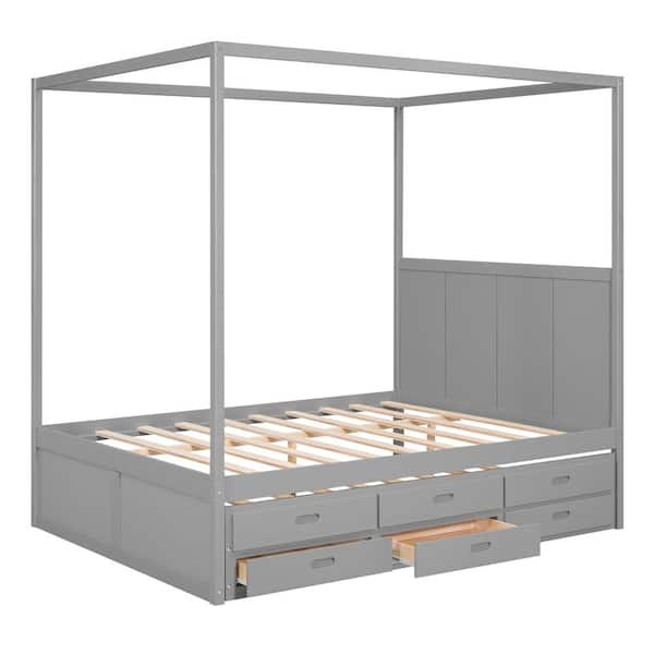 Polibi Gray Wood Frame Queen Size Platform Bed with Twin Size Trundle and Three Storage Drawers