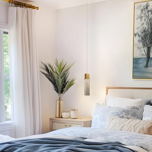 Veils 1-Light Plated Brass Integrated LED Chain Tassel Pendant Light with Silver Fringe, Living Room Hanging Light