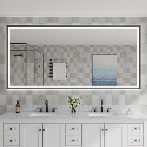 84 in. W x 40 in. H Large Rectangular Framed Wall Back Front LED Bathroom Vanity Mirror with Light in Matte Black,Plug