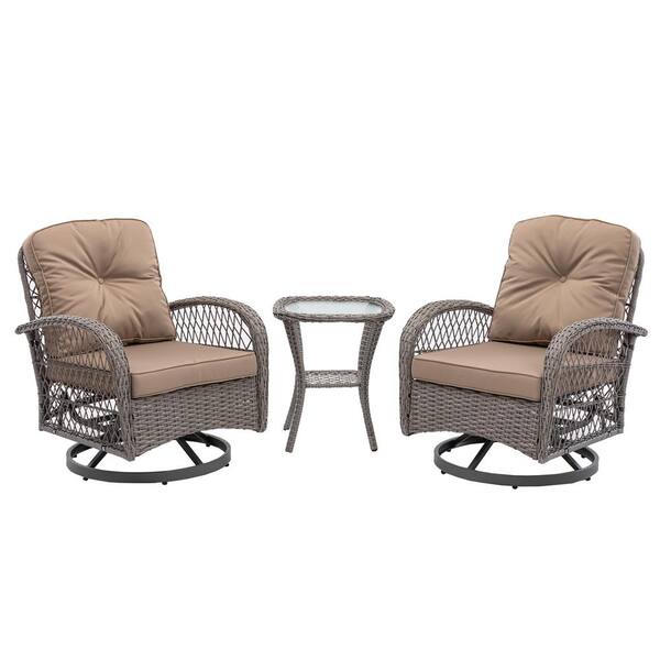 Cesicia 3-Pieces 360-Degree Rocking Patio Wicker Outdoor Rocking Chairs with Khaki Cushions and Glass Coffee Table