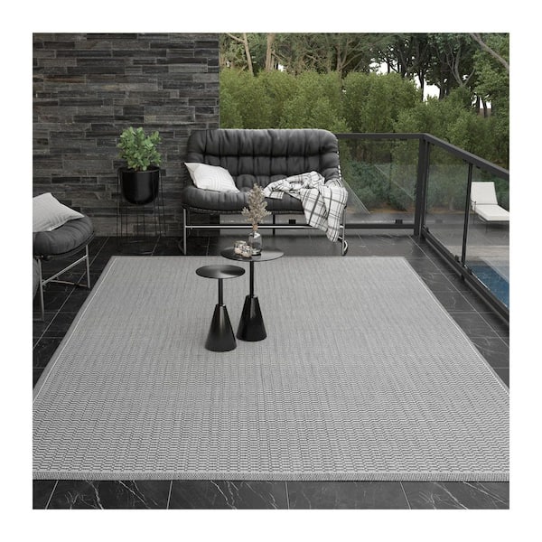 Recife Saddle Stitch Silver-Ivory 6 ft. x 9 ft. Solid Indoor/Outdoor Area Rug
