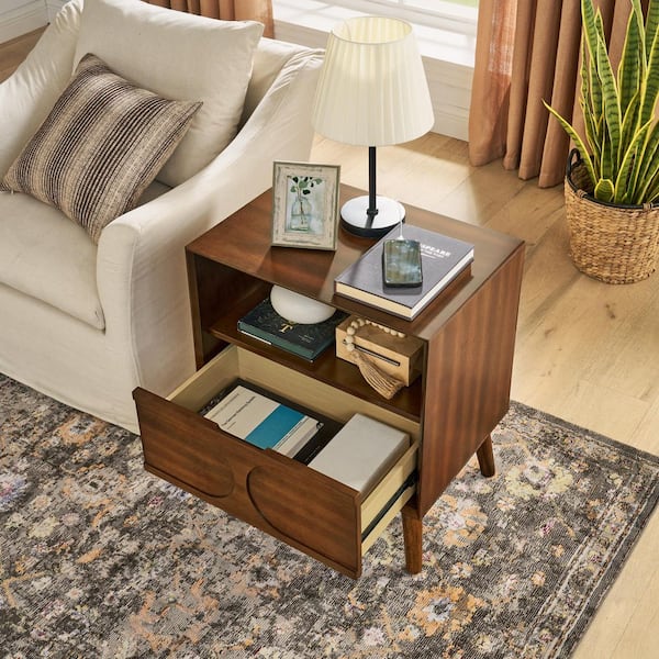 Nestor Mid-Century Modern Walnut Brown 1 Drawer Fluted Wood Nightstand with Open Shelf, Outlet Hole, USB Ports