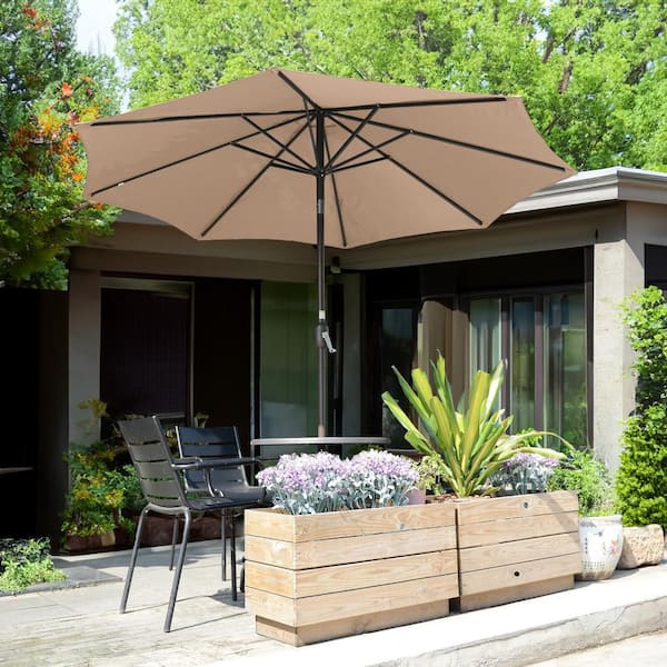 9 ft. Aluminum Market Patio Umbrella with Auto Tilt, Hand Crank Lift in Beige