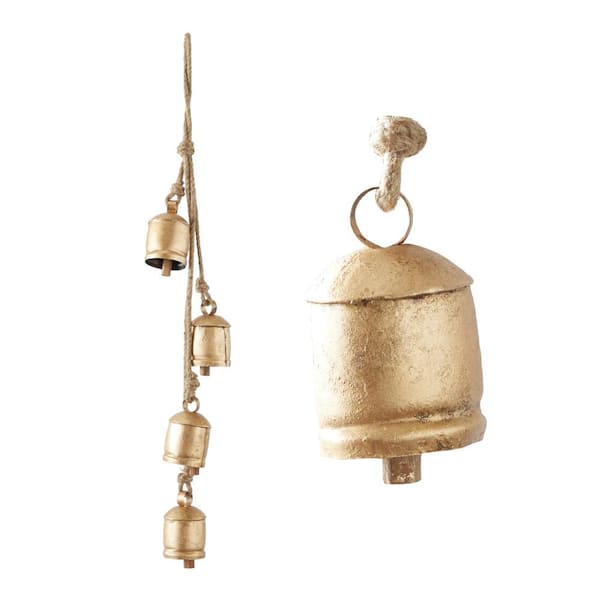 Litton Lane Gold Metal Tibetan Inspired Cylindrical Decorative Bell with Jute Hanging Rope